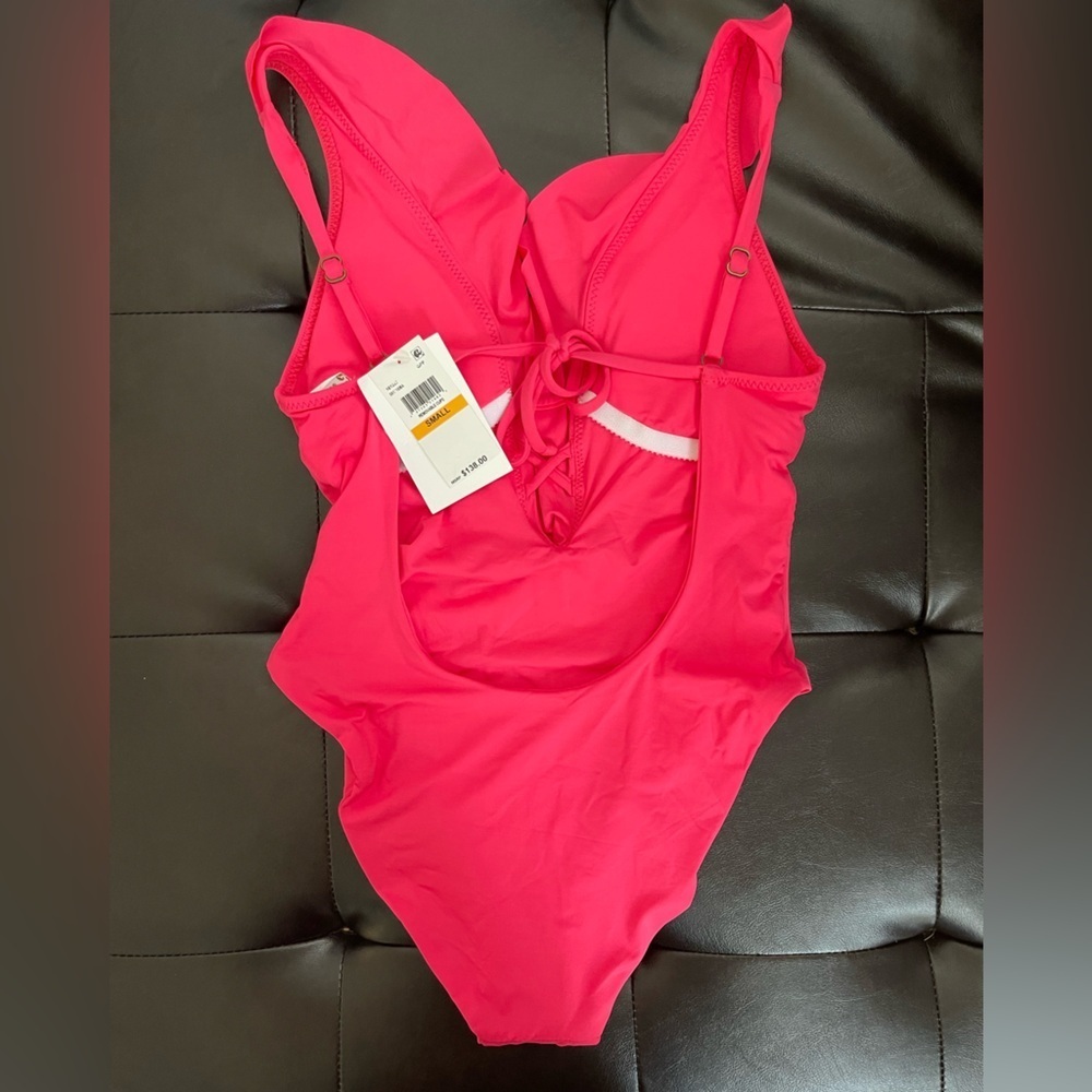 Becca 2 PIECES Swimsuit + Skirt Small Pink Plunge Ruffle - Picture 3 of 5